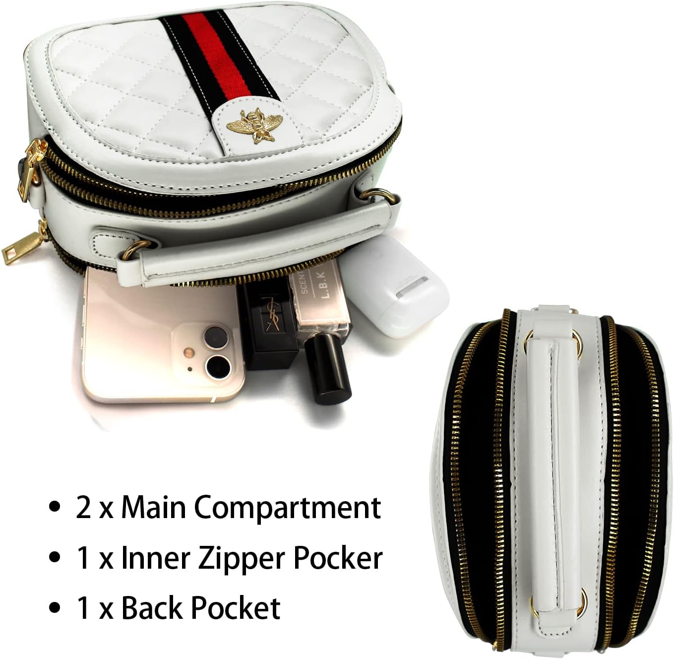 Beatfull Designer Bee Crossbody Bags for Women Leather Quilted Shoulder Purse Small Top Handle Handbag White