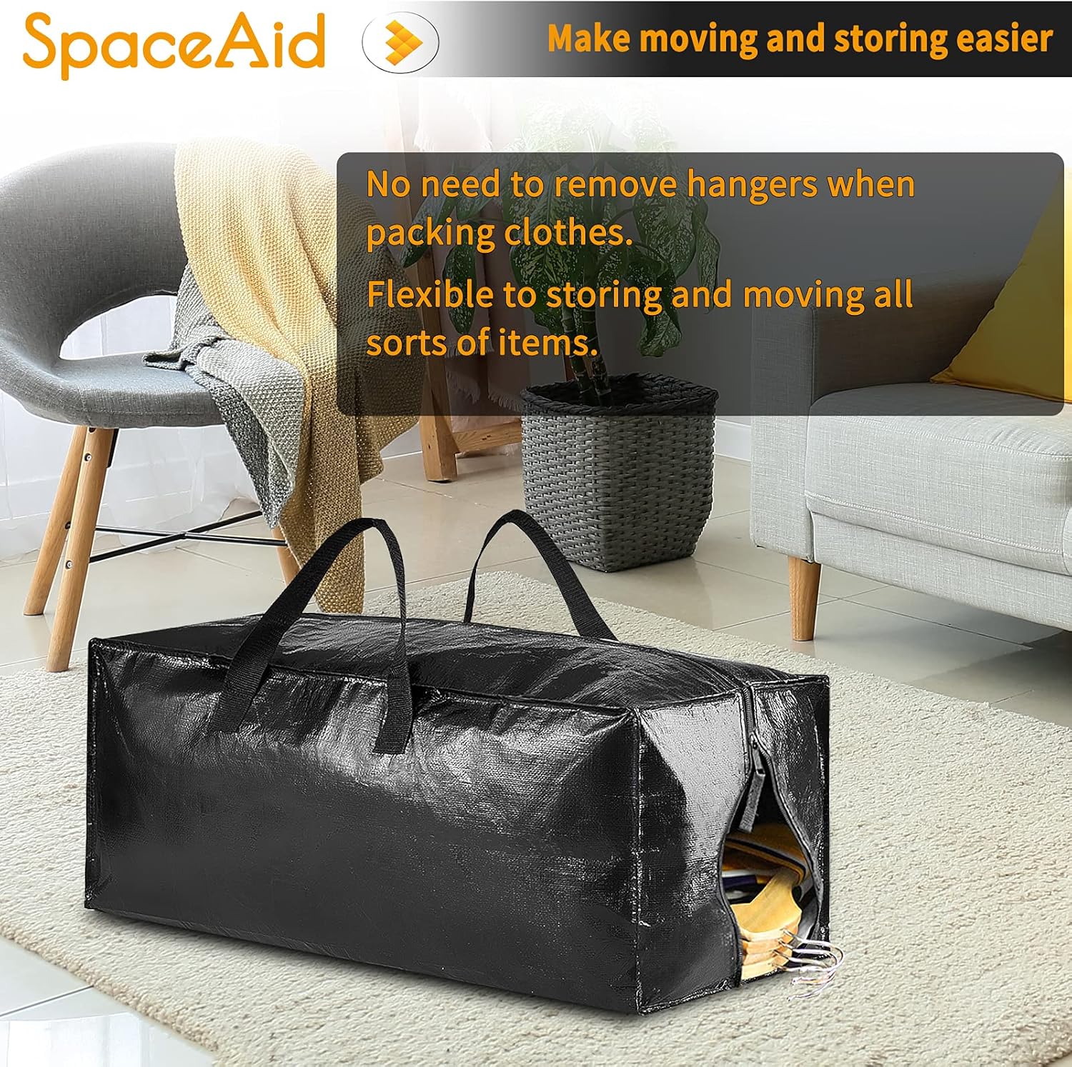 SpaceAid Heavy Duty Moving Bags 8 Pack, Large Storage Totes Bins with Backpack Straps, Strong Handles & Zippers, Packing Moving Boxes Supplies, College Dorm Room Essentials, Black 8 Pack Black