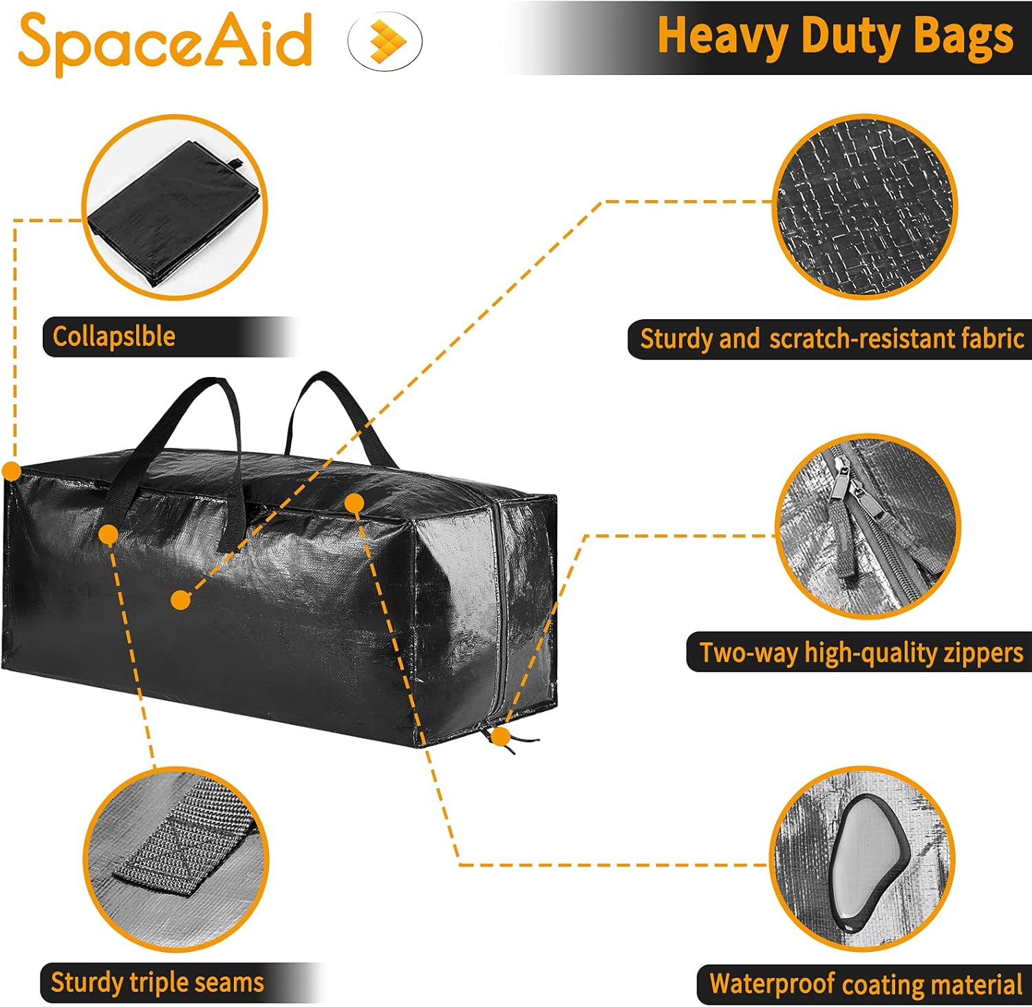 SpaceAid Heavy Duty Moving Bags 8 Pack, Large Storage Totes Bins with Backpack Straps, Strong Handles & Zippers, Packing Moving Boxes Supplies, College Dorm Room Essentials, Black 8 Pack Black