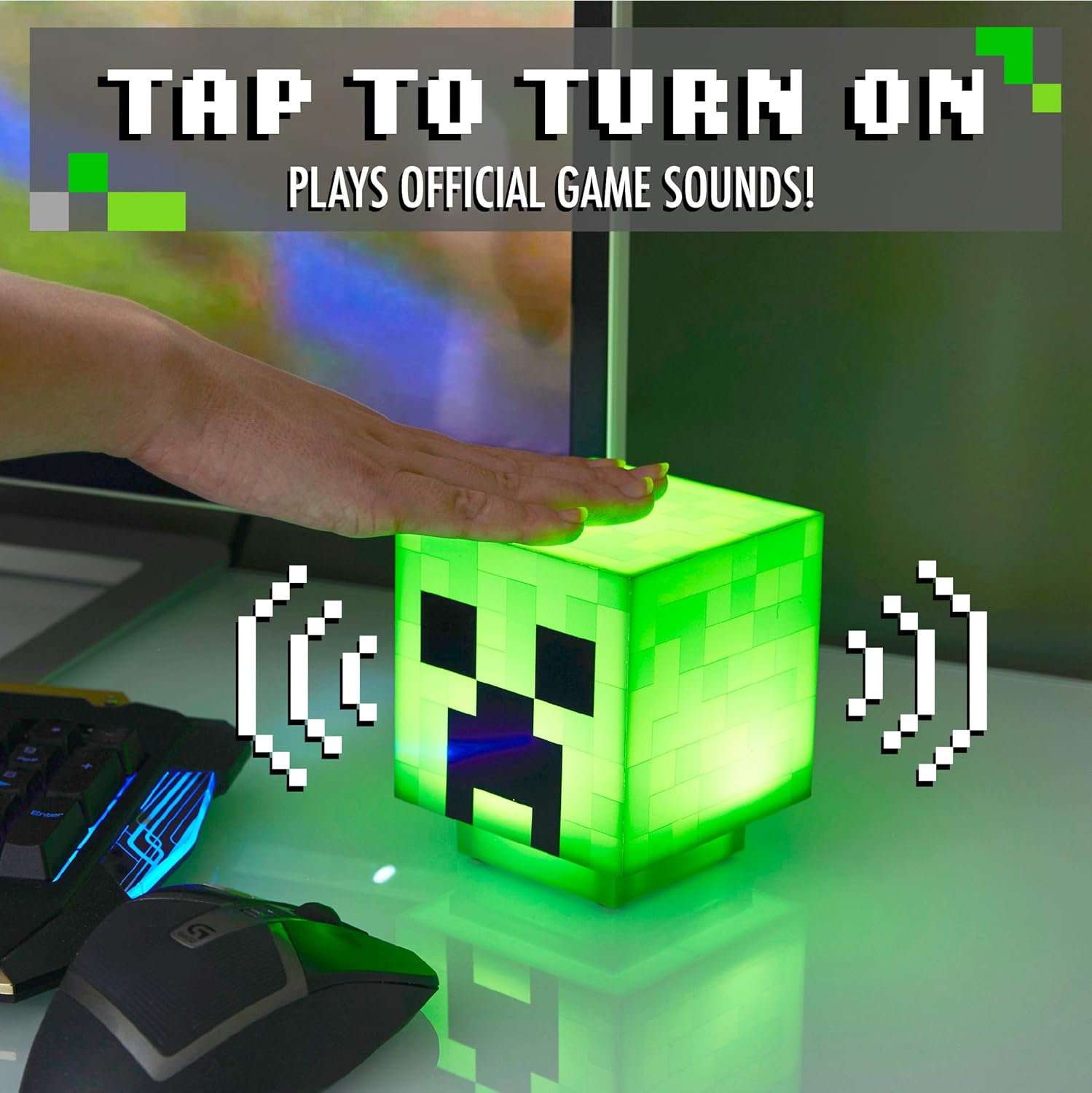 Paladone Minecraft Creeper Desk Light with Official Creeper Sounds, Handheld Night Light for Kids Room or Gamer Décor - Licensed Minecraft Gifts Creeper Light Green