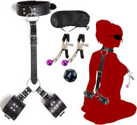 Sex Bondage BDSM, Adjustable Behind Back Handcuffs Collar with Blindfold Nipple Clamp Anti-Collar Bondage Sex Toys SM Adult Games Gear & Accessories.(Leather)