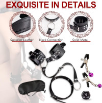 Sex Bondage BDSM, Adjustable Behind Back Handcuffs Collar with Blindfold Nipple Clamp Anti-Collar Bondage Sex Toys SM Adult Games Gear & Accessories.(Leather)