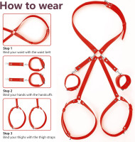 Sex Handcuffs Thigh Strap Bondage Restraint Wrist Thigh Leg Garter Cuffs BDSM Harness for Adult SM Games Women Men Couples Adjustable Click Belt PU Leather (red)