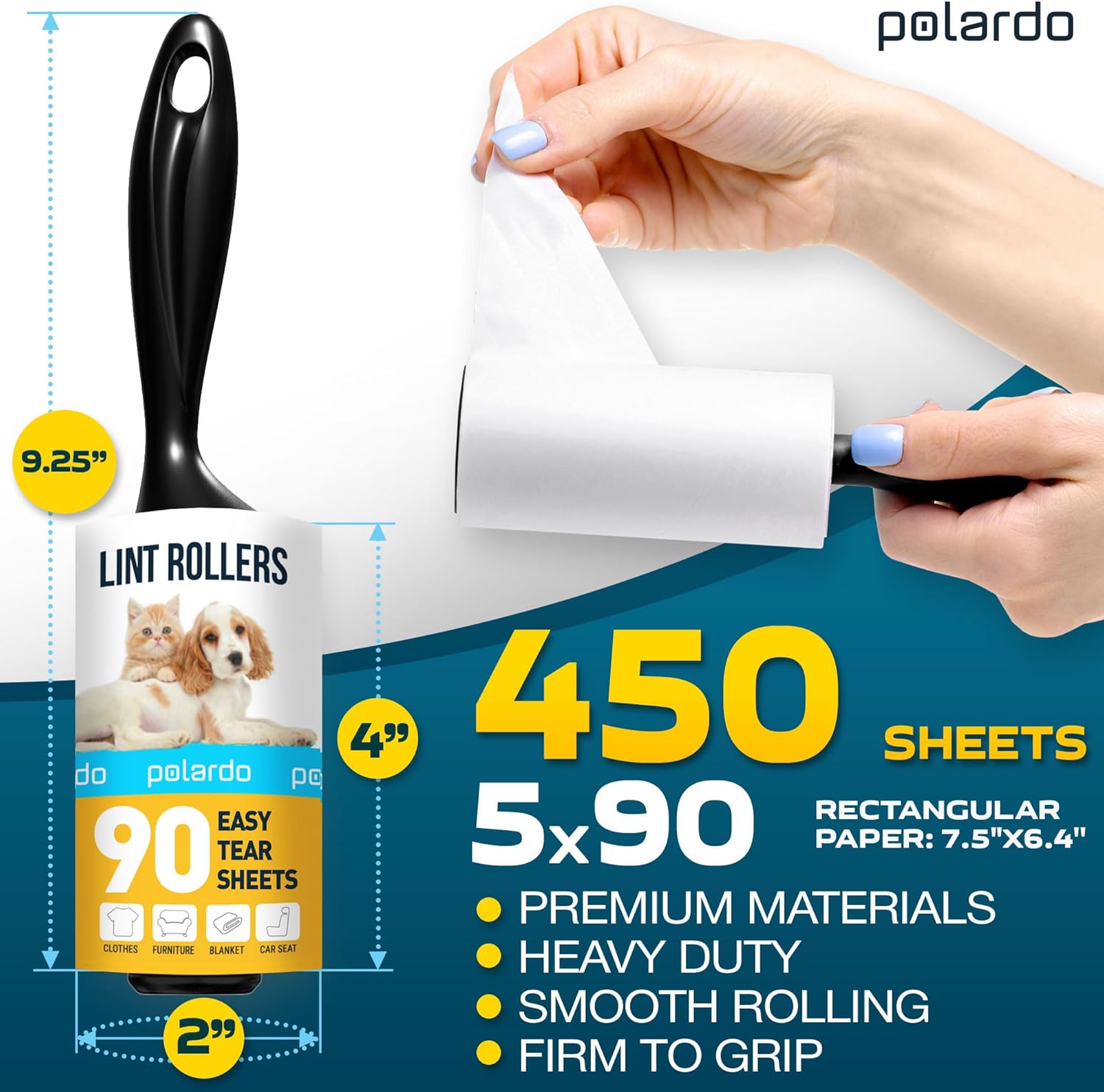 Lint Rollers for Pet Hair, Sticky, Remover for Couch, Clothes Furniture and Carpet. Dog Hair Remover Cat Hair, Animal Fur, Fuzz. 5 Large Lint Rollers 5 pcs - 450 Sticky Sheets
