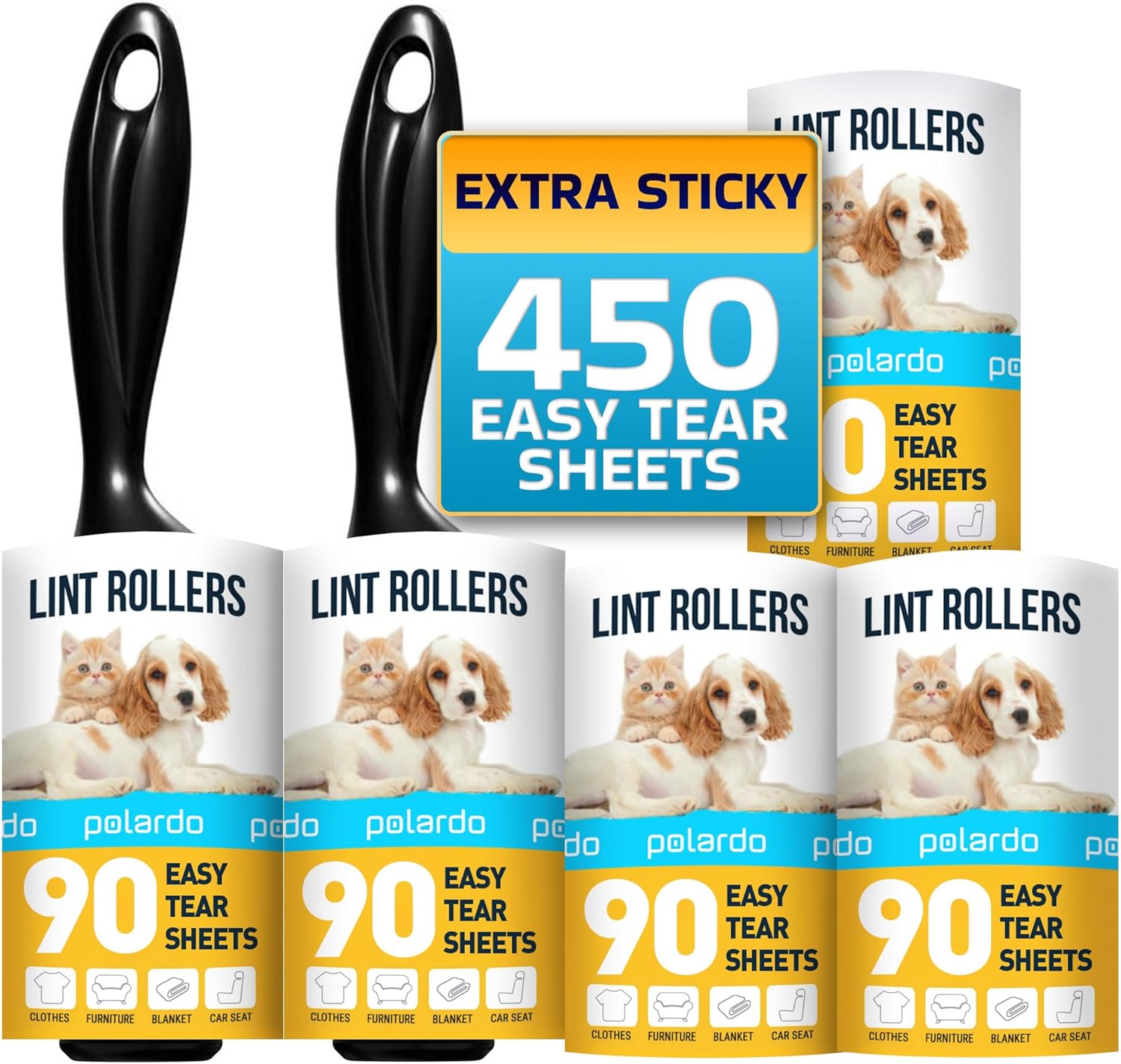 Lint Rollers for Pet Hair, Sticky, Remover for Couch, Clothes Furniture and Carpet. Dog Hair Remover Cat Hair, Animal Fur, Fuzz. 5 Large Lint Rollers 5 pcs - 450 Sticky Sheets