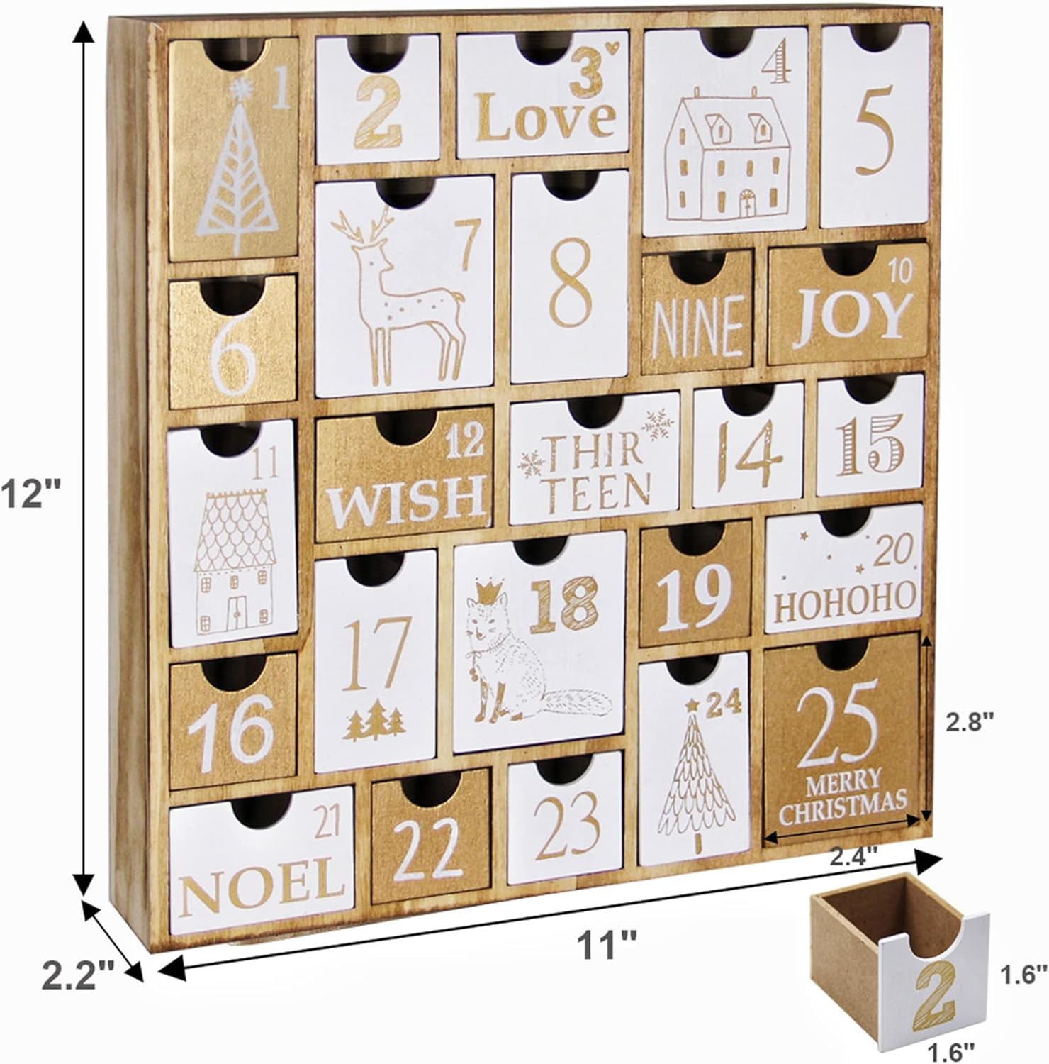 Juegoal Advent Calendar with 25 Drawers Countdown to Christmas, Refillable Wooden Advent Xmas Gift for Kids, 12 Inches Tall