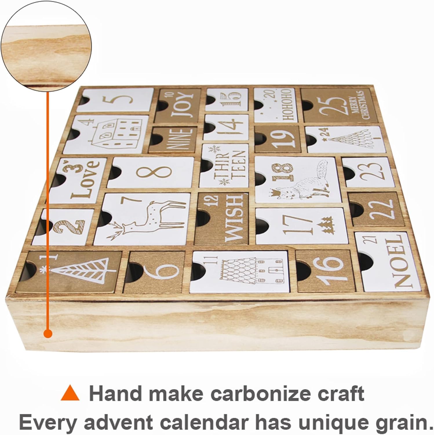 Juegoal Advent Calendar with 25 Drawers Countdown to Christmas, Refillable Wooden Advent Xmas Gift for Kids, 12 Inches Tall