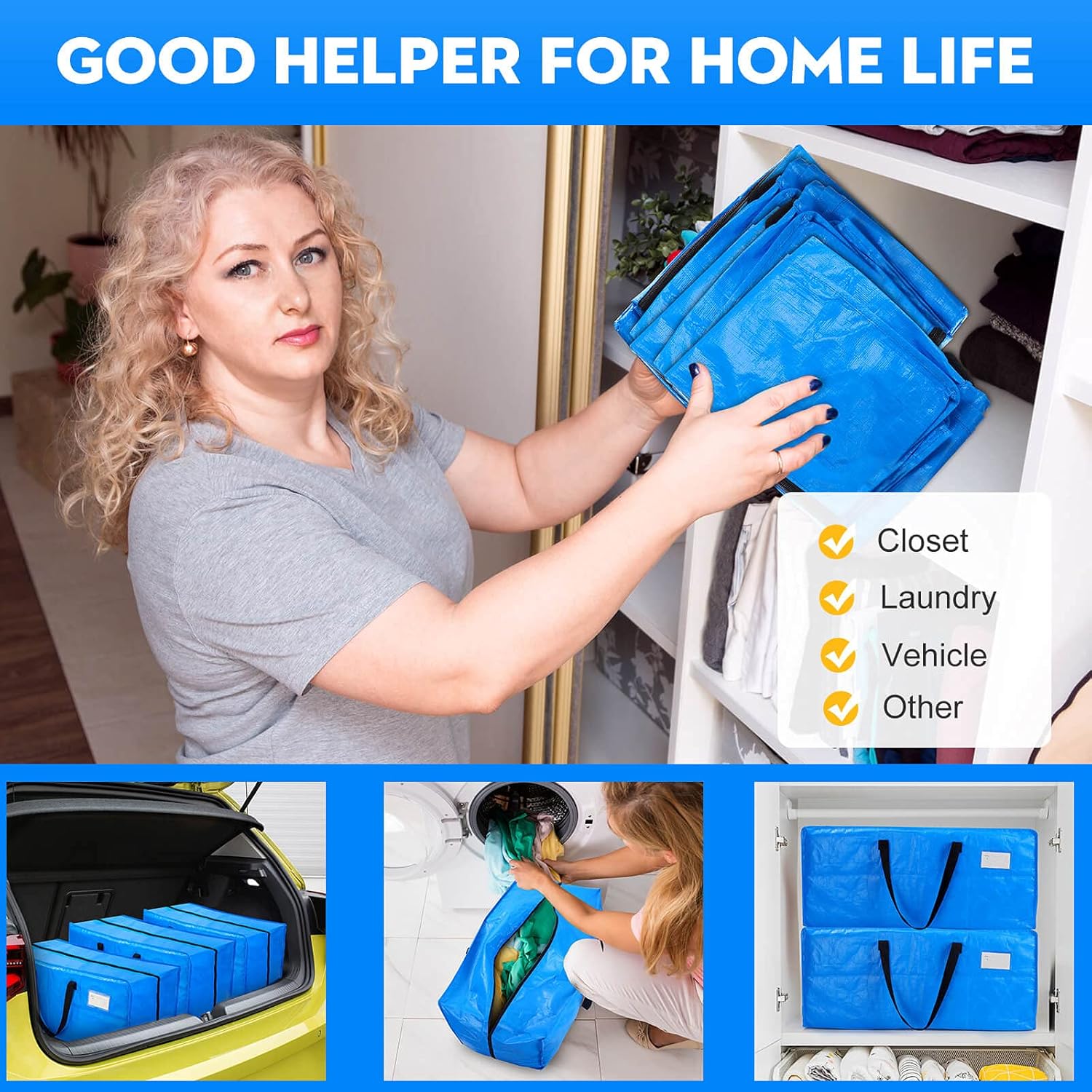 AlexHome Heavy Duty,Extra Large Packing Bags for Moving,Reusable Plastic Moving Totes,Clothes Storage Containers,Moving Supplies Bins,Compatible with Ikea Frakta Cart (Blue,Set of 5) X-Large (Set of 5)