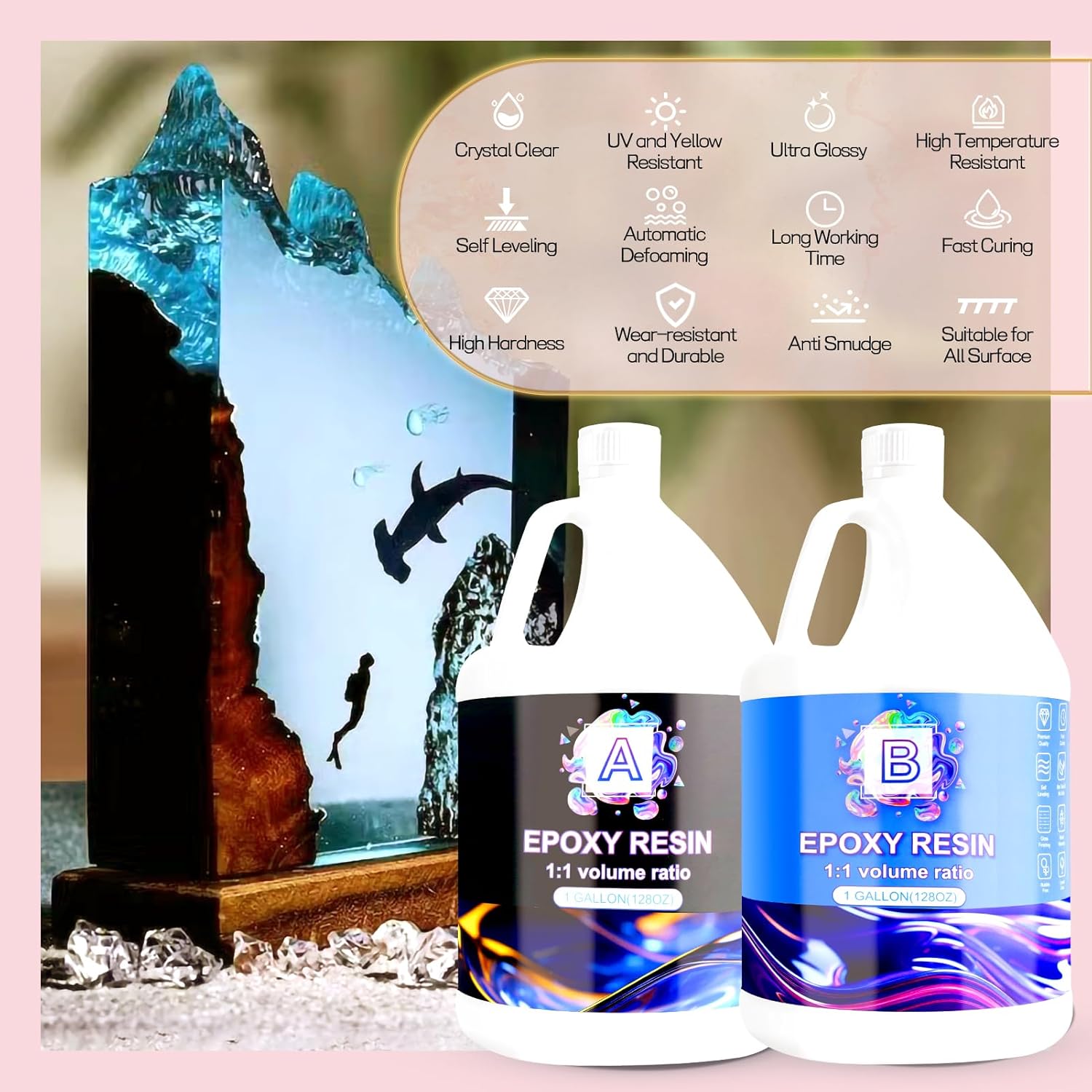Epoxy Resin 2 Gallon Kit, Clear Resin Epoxy, Resin Kit - High-Gloss,No Bubbles, Not Yellowing, Self-Leveling Art Resin Casting Resin for DIY Art,Crafts,Jewelry,Table Top,Wood & Resin Molds