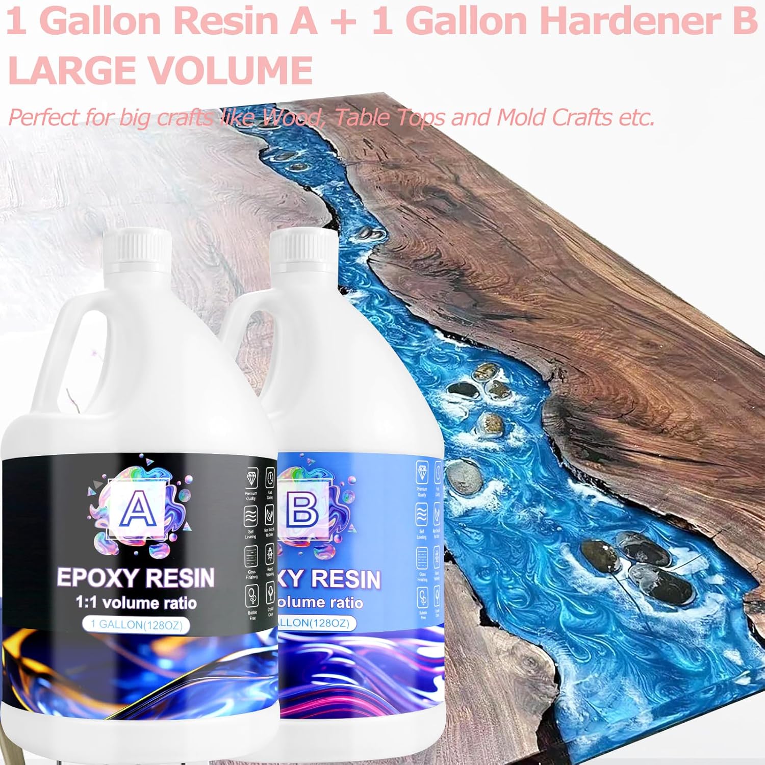 Epoxy Resin 2 Gallon Kit, Clear Resin Epoxy, Resin Kit - High-Gloss,No Bubbles, Not Yellowing, Self-Leveling Art Resin Casting Resin for DIY Art,Crafts,Jewelry,Table Top,Wood & Resin Molds