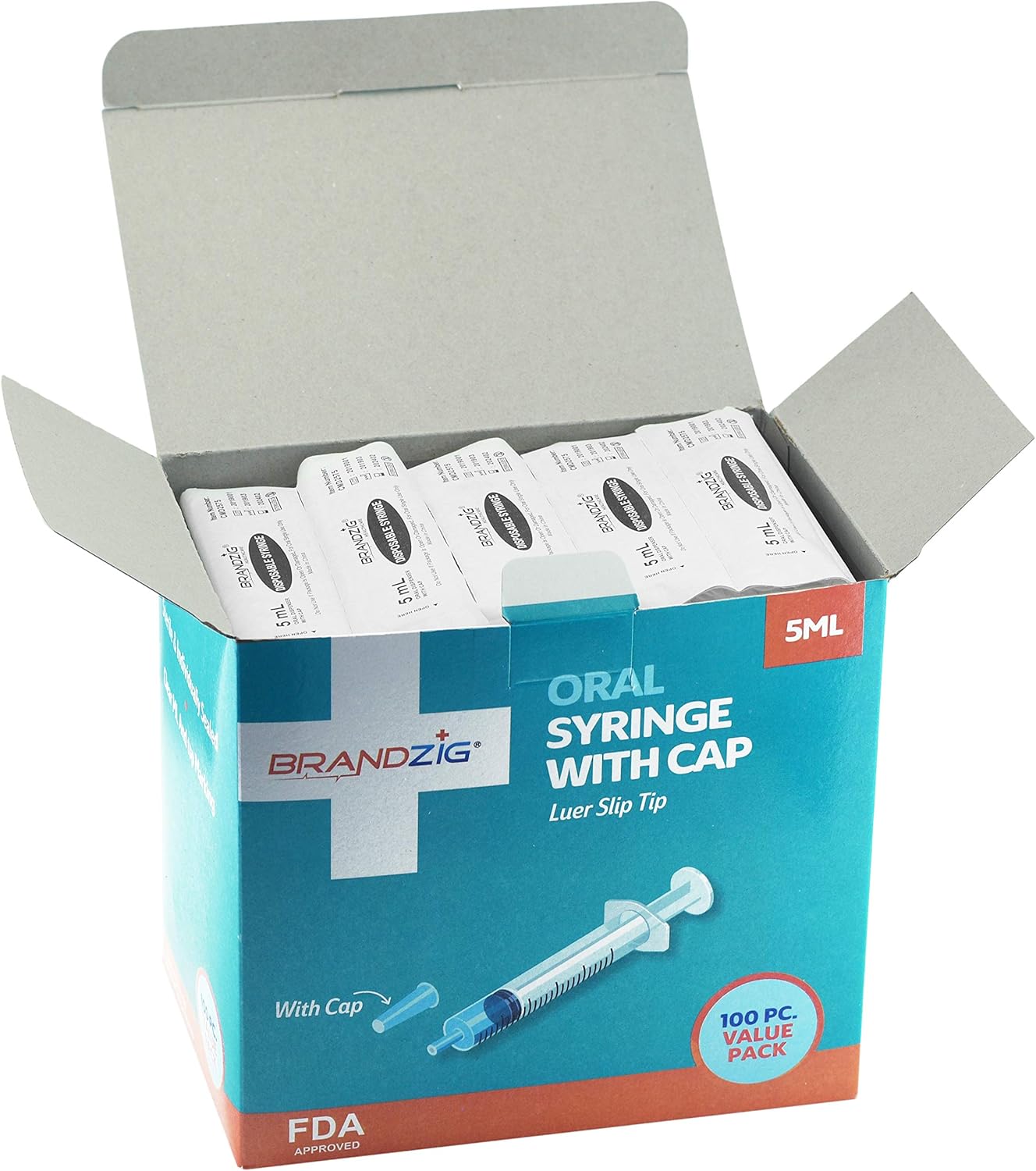 5ml Syringe With Cap (100 Pack) | Oral Dispenser Without Needle, Luer Slip Tip, | Individually Wrapped Medicine Dropper For Infants & Pets Pack 100.0