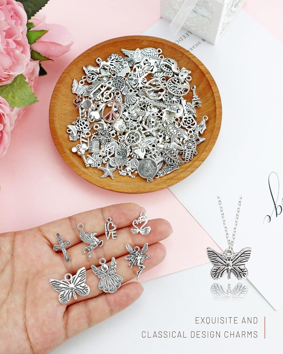 JIALEEY Wholesale Bulk Lots Jewelry Making Silver Charms Mixed Smooth Tibetan Silver Metal Charms Pendants DIY for Necklace Bracelet Jewelry Making and Crafting, 100 PCS