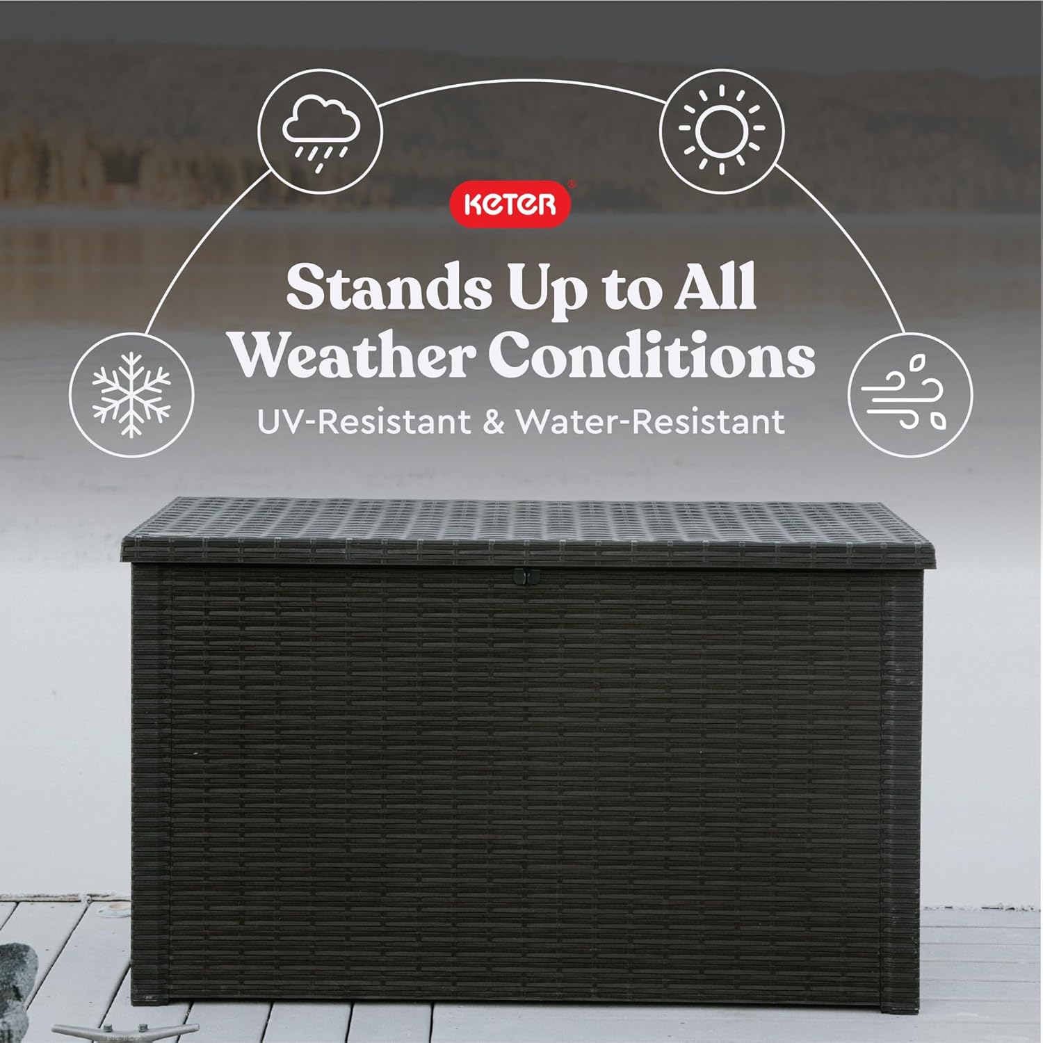 Keter Java XXL 230 Gallon Resin Rattan Look Large Outdoor Storage Deck Box for Patio Furniture Cushions, Pool Toys, and Garden Tools, Dark Grey