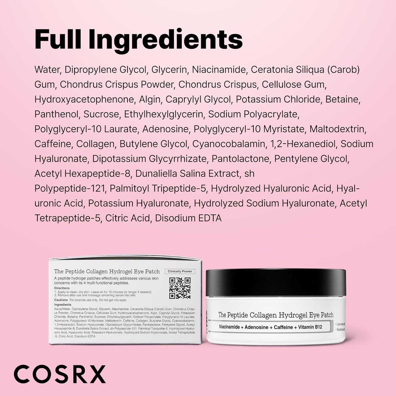 COSRX Pink Peptides Collagen Hydrogel Eye Patch for Puffy Eyes and Dark Circles, Under Eye Mask, 60 Under Eye Patches, Korean Skin Care Peptide Eye Patch
