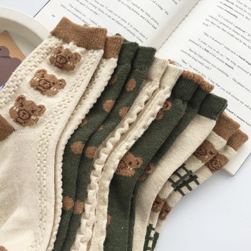 6 Pair Cute Cotton Kawaii Bear Ankle Socks - Preppy Ruffle Japanese Thick Fall Vintage Crew Socks for Women One Size 6 Pair