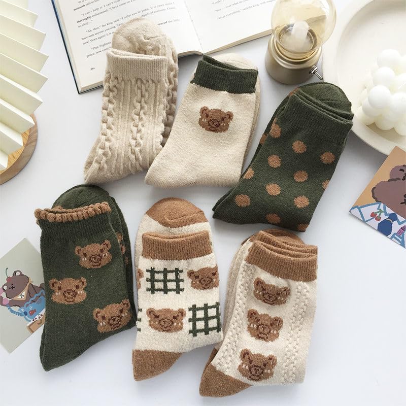 6 Pair Cute Cotton Kawaii Bear Ankle Socks - Preppy Ruffle Japanese Thick Fall Vintage Crew Socks for Women One Size 6 Pair
