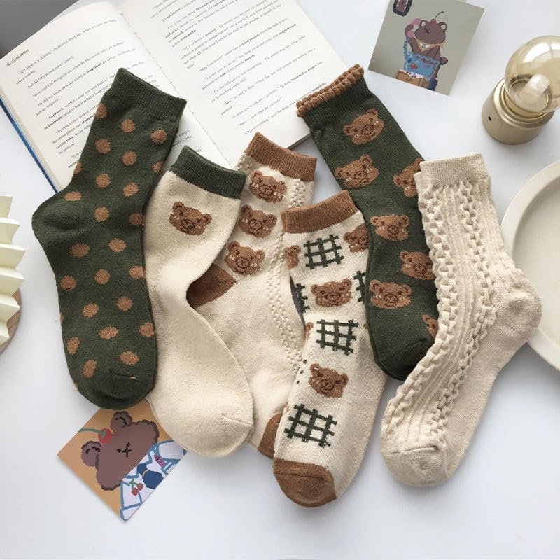 6 Pair Cute Cotton Kawaii Bear Ankle Socks - Preppy Ruffle Japanese Thick Fall Vintage Crew Socks for Women One Size 6 Pair