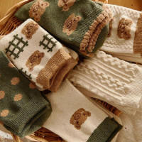 6 Pair Cute Cotton Kawaii Bear Ankle Socks - Preppy Ruffle Japanese Thick Fall Vintage Crew Socks for Women One Size 6 Pair