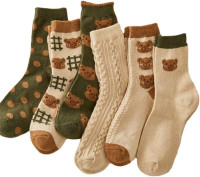 6 Pair Cute Cotton Kawaii Bear Ankle Socks - Preppy Ruffle Japanese Thick Fall Vintage Crew Socks for Women One Size 6 Pair