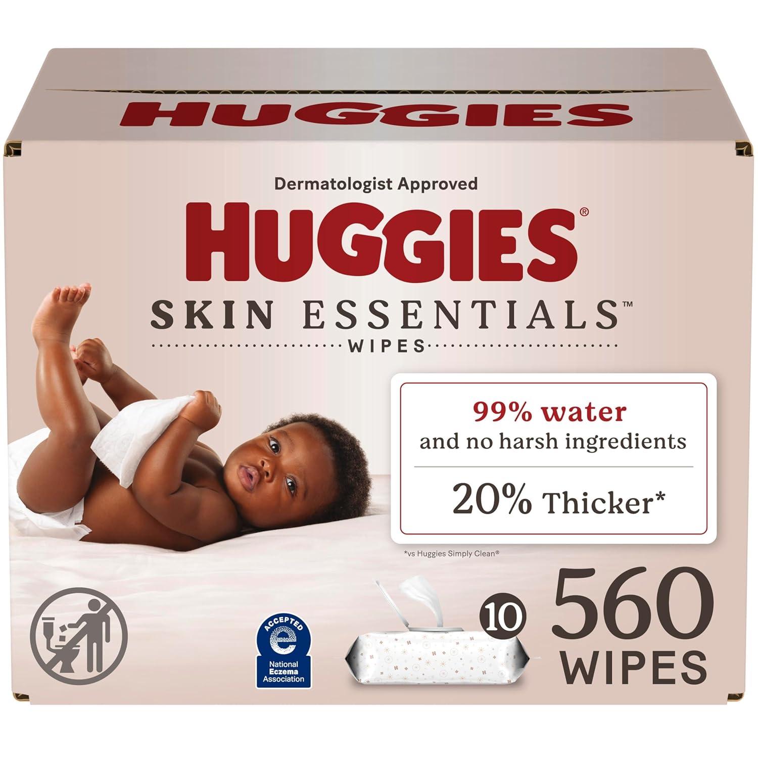 Huggies Skin Essentials Baby Wipes, Hypoallergenic, 99% Water, 10 Flip Top Packs (560 Wipes Total) 56 Count (Pack of 10) White