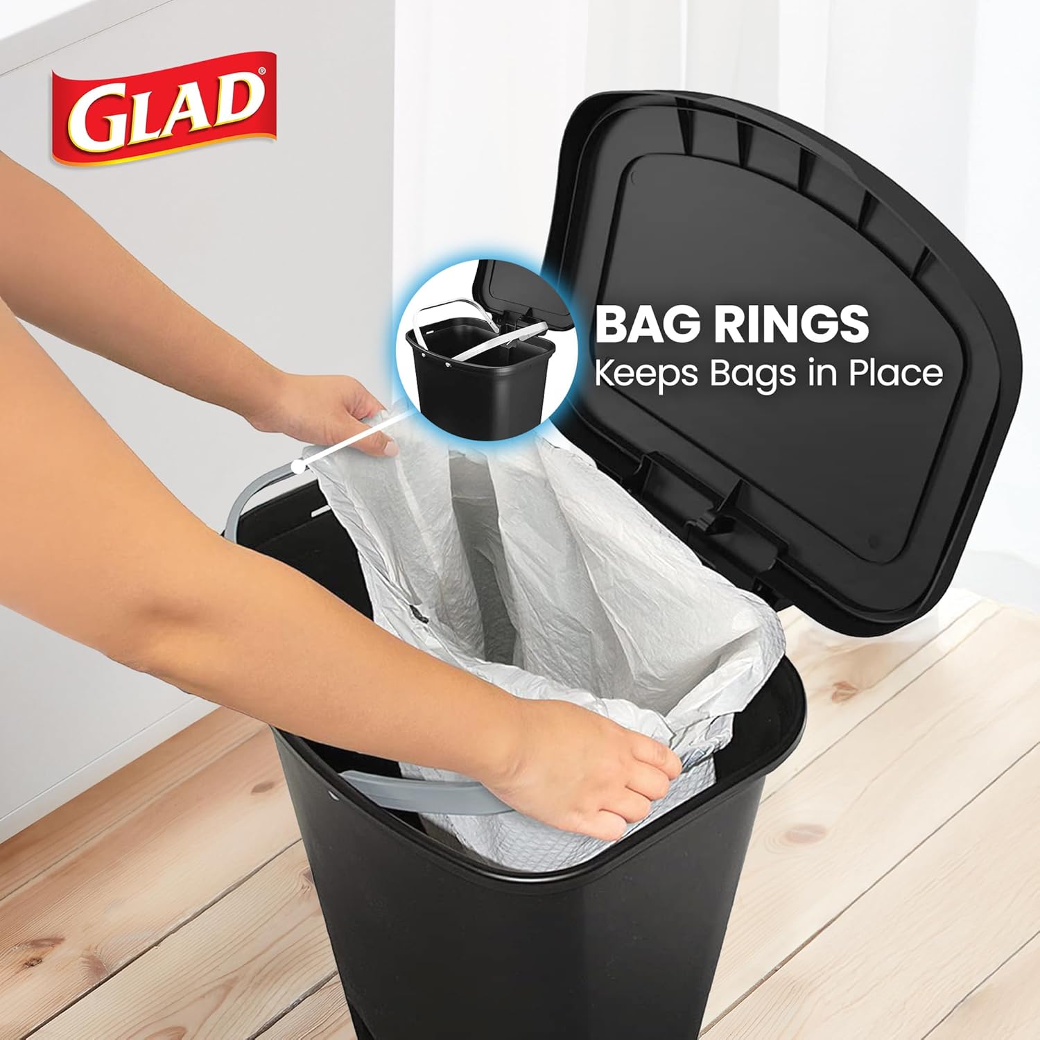 Glad 13 Gallon Trash Can | Plastic Kitchen Waste Bin with Odor Protection of Lid | Hands Free with Step On Foot Pedal and Garbage Bag Rings, Black Black 13 Gallon