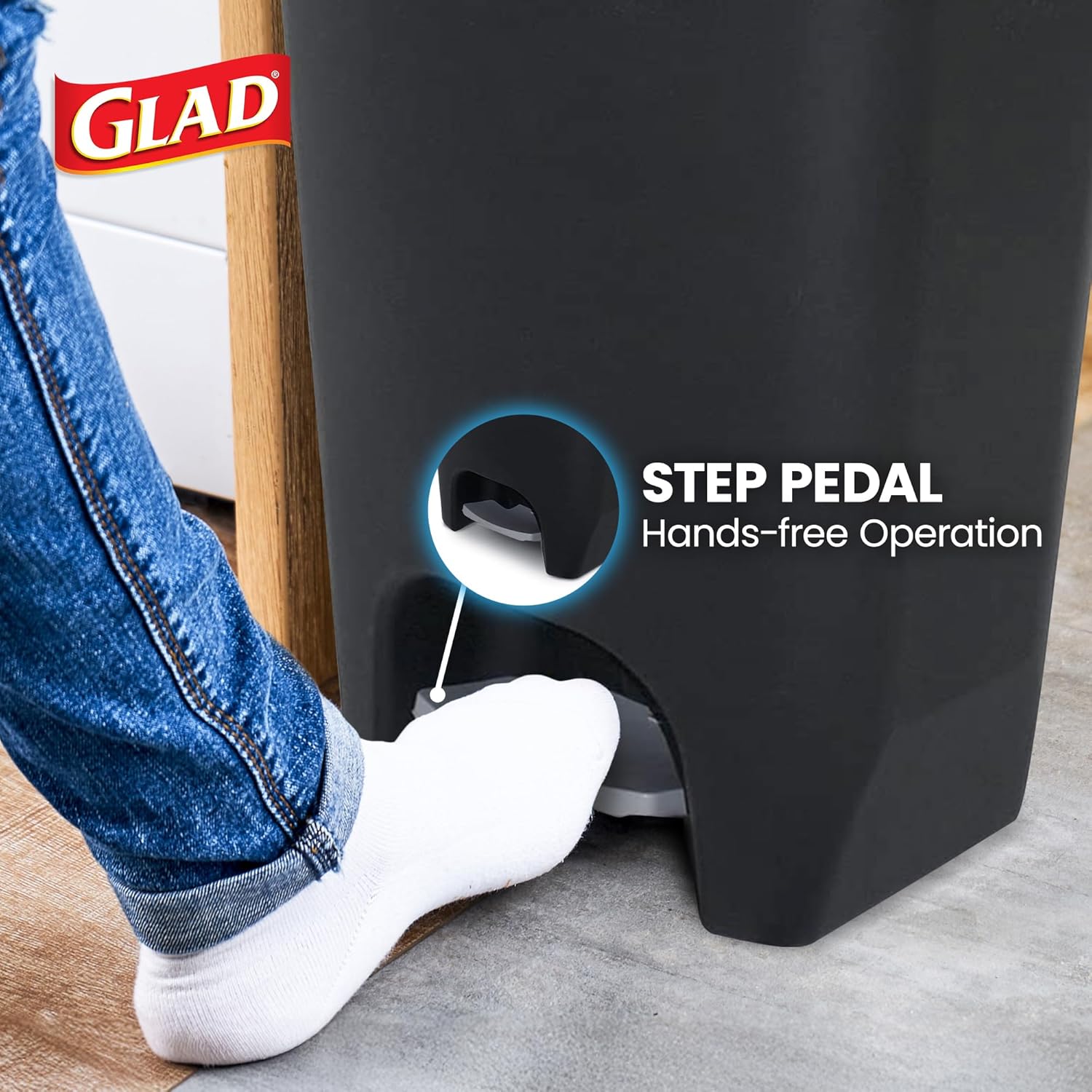 Glad 13 Gallon Trash Can | Plastic Kitchen Waste Bin with Odor Protection of Lid | Hands Free with Step On Foot Pedal and Garbage Bag Rings, Black Black 13 Gallon