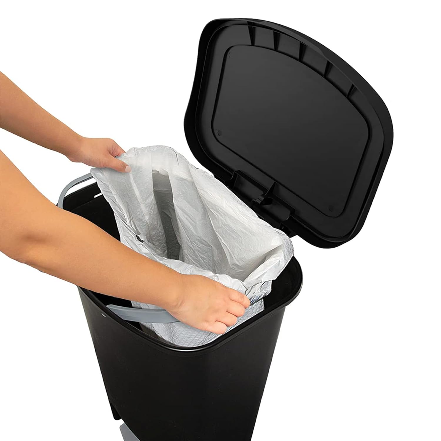Glad 13 Gallon Trash Can | Plastic Kitchen Waste Bin with Odor Protection of Lid | Hands Free with Step On Foot Pedal and Garbage Bag Rings, Black Black 13 Gallon