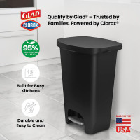 Glad 13 Gallon Trash Can | Plastic Kitchen Waste Bin with Odor Protection of Lid | Hands Free with Step On Foot Pedal and Garbage Bag Rings, Black Black 13 Gallon