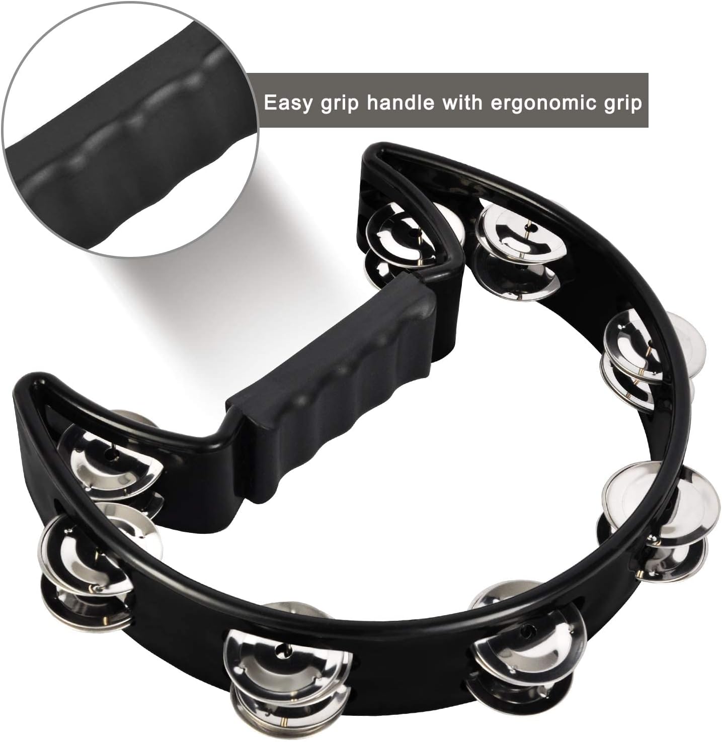 EastRock Tambourine,Metal Jingles Hand Held Percussion Half-Moon Tambourine and Egg Shakers for Kids, Adults, KTV, Party BLACK Halfmoon-1-BLACK