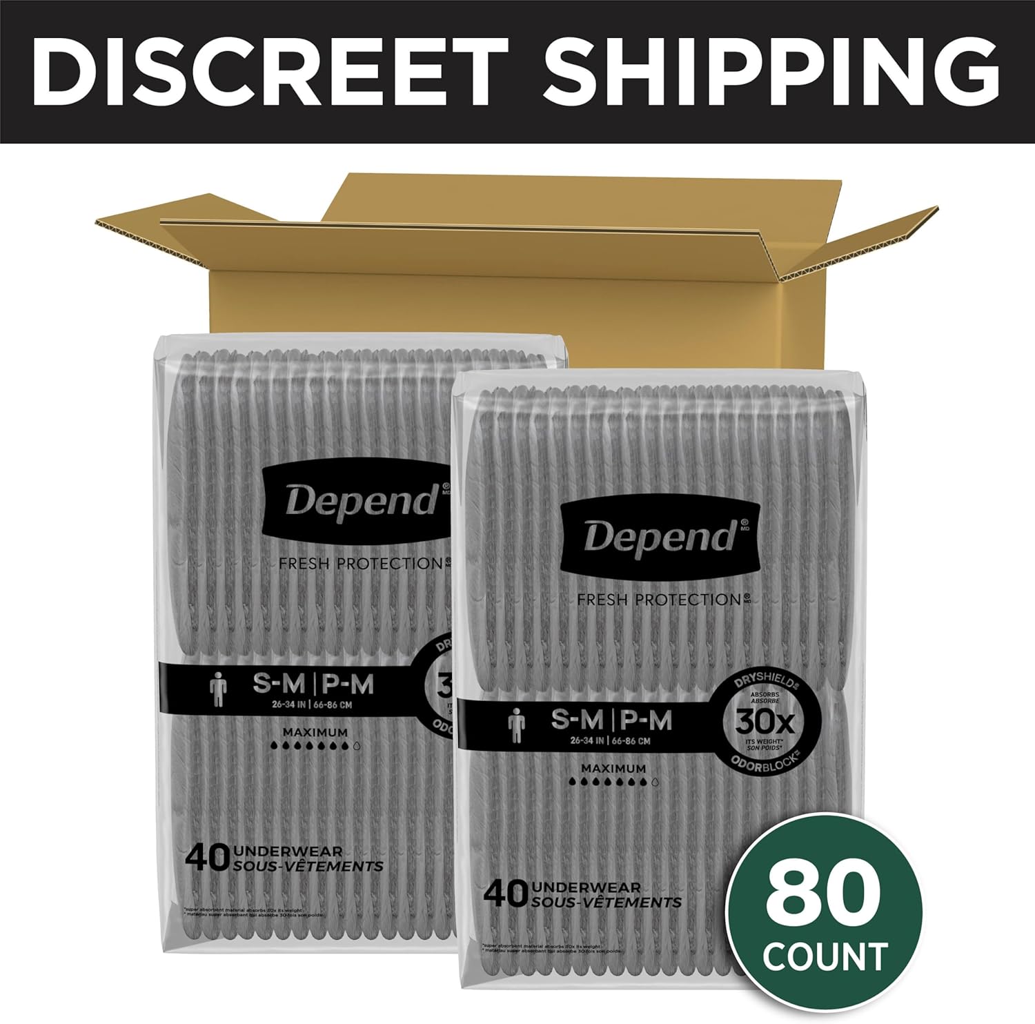 Depend Fresh Protection Adult Diapers, Incontinence Underwear for Men, Disposable, Maximum, Small/Medium, Grey, 80 Count (2 Packs of 40), Packaging May Vary Small/Medium 80