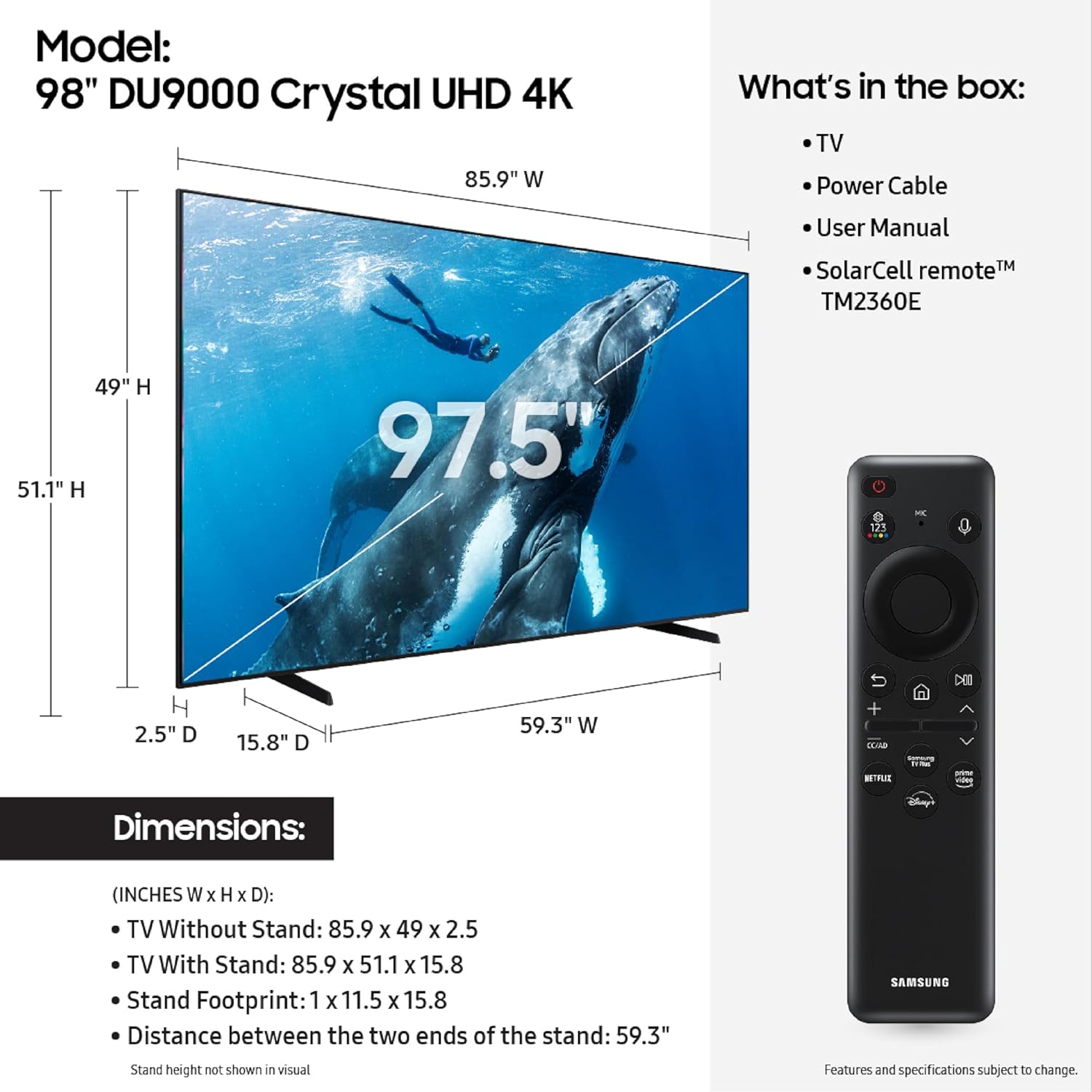 SAMSUNG 98-Inch Class 4K Crystal UHD DU9000 Series HDR Smart TV, Object Tracking Sound Lite, Motion Xcelerator 120Hz, Supersize Picture Enhancer, Mega Contrast, Alexa Built-In (UN98DU9000, 2024 Model) 98-Inch TV Only