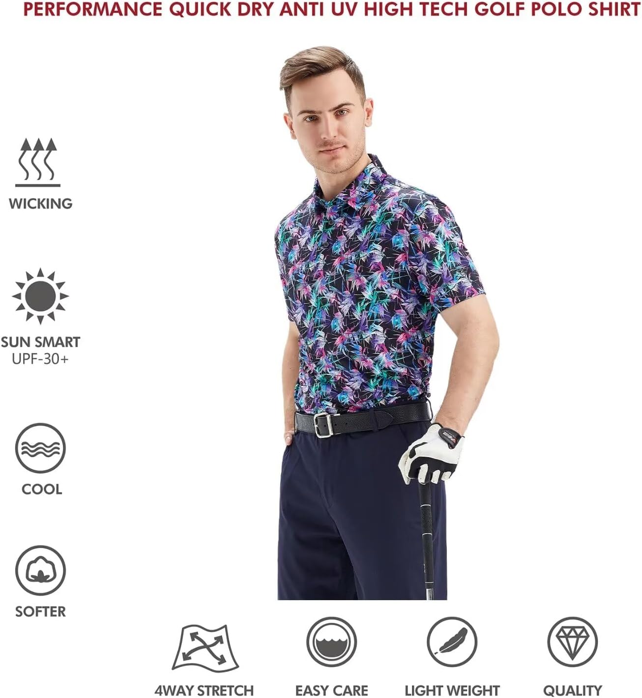 Men's Golf Polo Shirts Short Sleeve Striped Performance Moisture Wicking Dry Fit Golf Shirts for Men PRINT Medium Motley Leaf