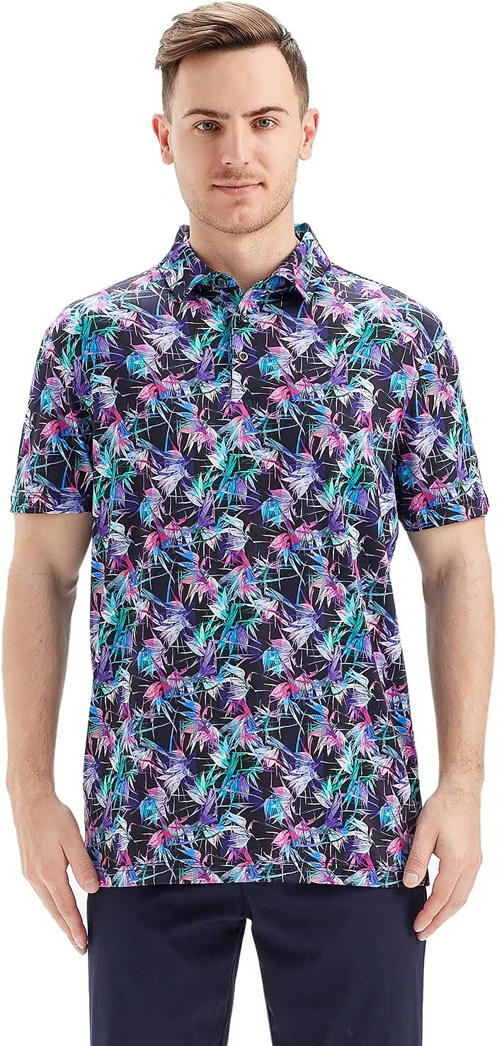 Golf Shirts for Men Dry Fit Short Sleeve Print Performance Moisture Wicking Polo Shirt PRINT Medium Motley Leaf