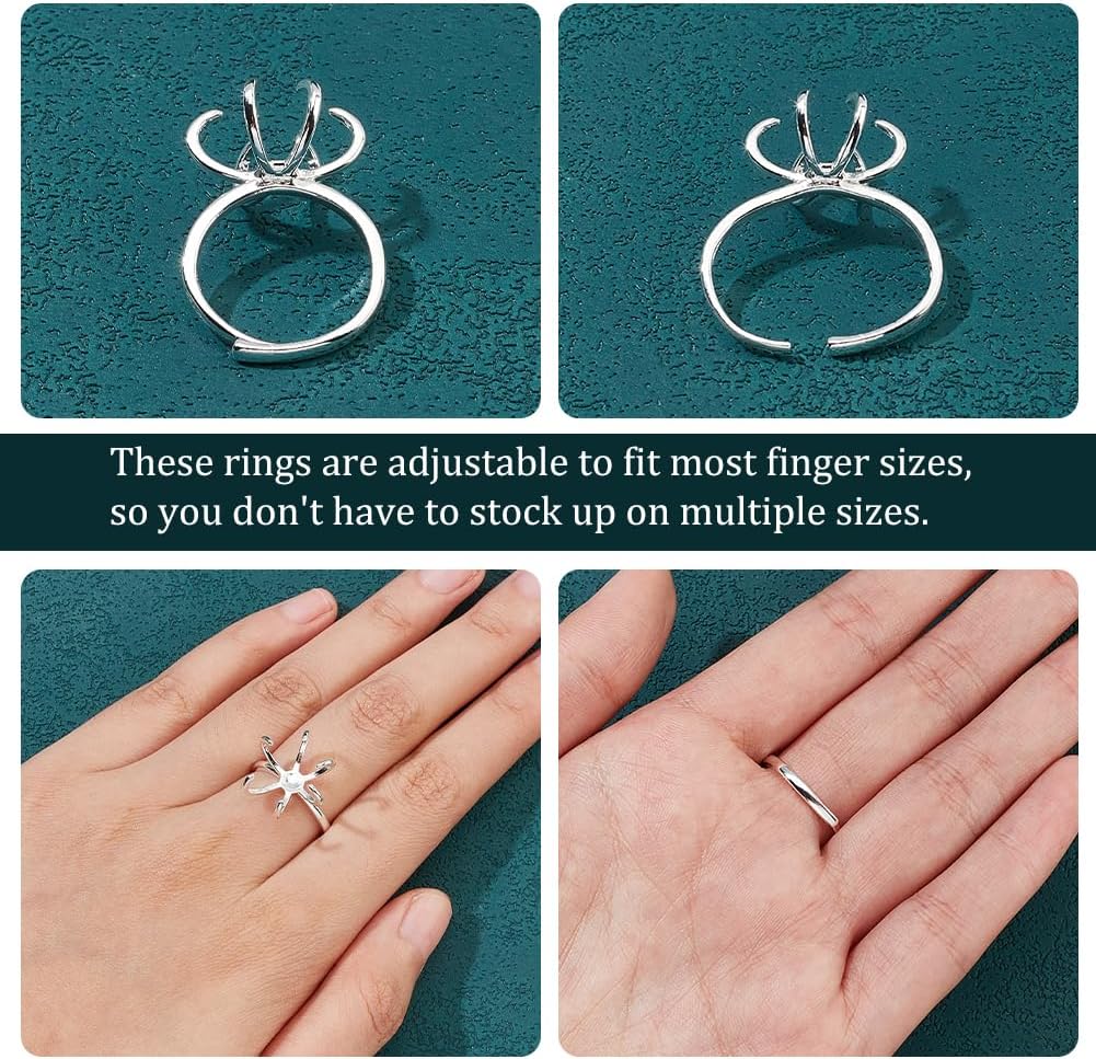 NBEADS 4 Pcs Claw Ring Blank, Adjustable Brass Ring Bases 16.5mm Finger Ring Components 6 Prong Ring Settings Gemstones Cabochon Setting for DIY Ring Jewelry Making, Silver