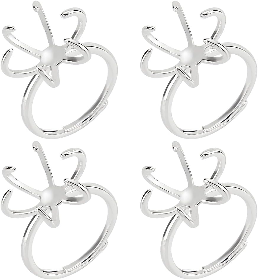 NBEADS 4 Pcs Claw Ring Blank, Adjustable Brass Ring Bases 16.5mm Finger Ring Components 6 Prong Ring Settings Gemstones Cabochon Setting for DIY Ring Jewelry Making, Silver