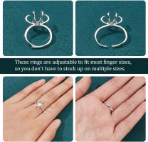 NBEADS 4 Pcs Claw Ring Blank, Adjustable Brass Ring Bases 16.5mm Finger Ring Components 6 Prong Ring Settings Gemstones Cabochon Setting for DIY Ring Jewelry Making, Silver