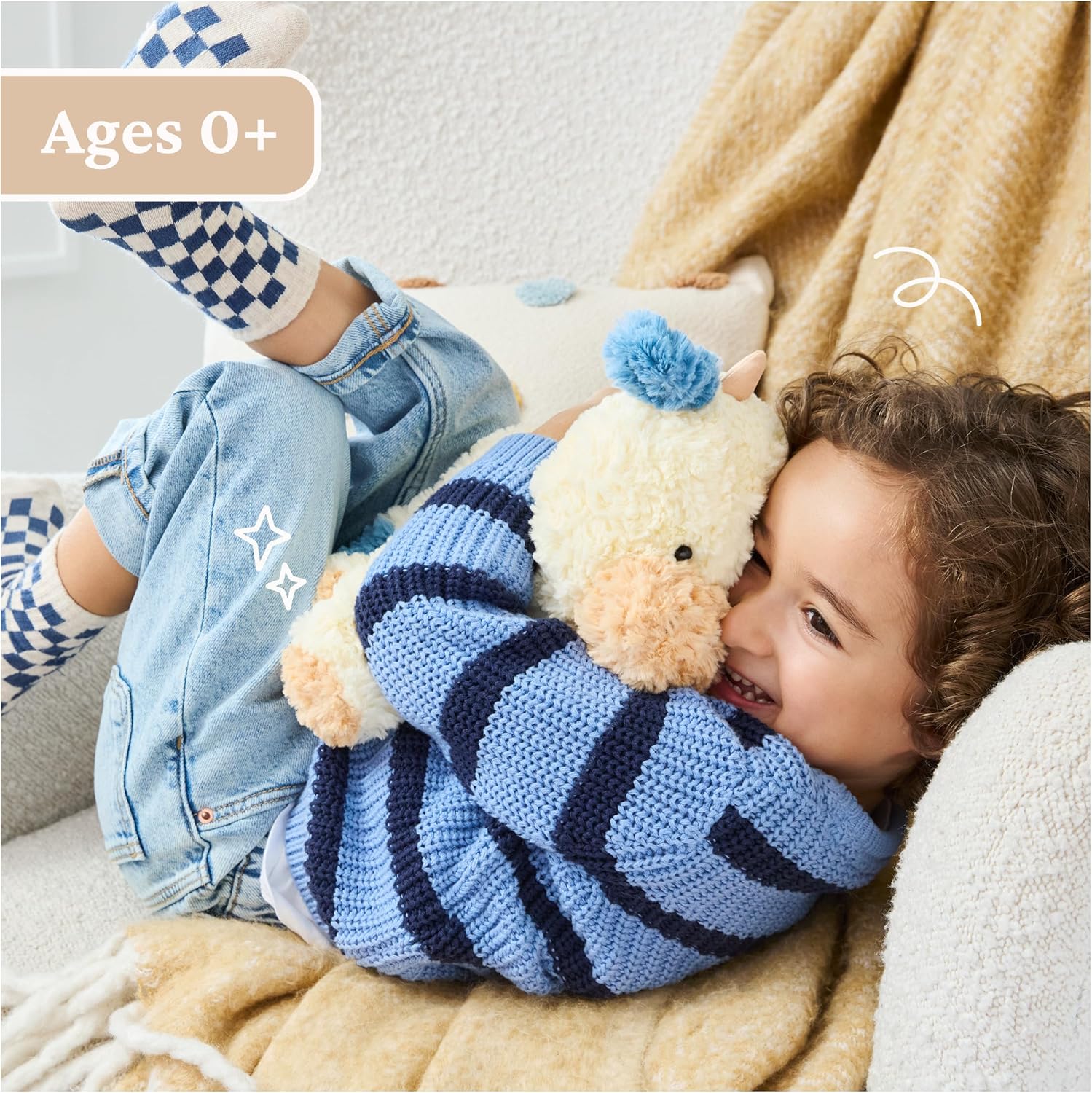 GUND Cozys Collection Cow, Stuffed Animal for Ages 1 and Up, Spring Decor Plush Toy, Cream/Blue, 10”