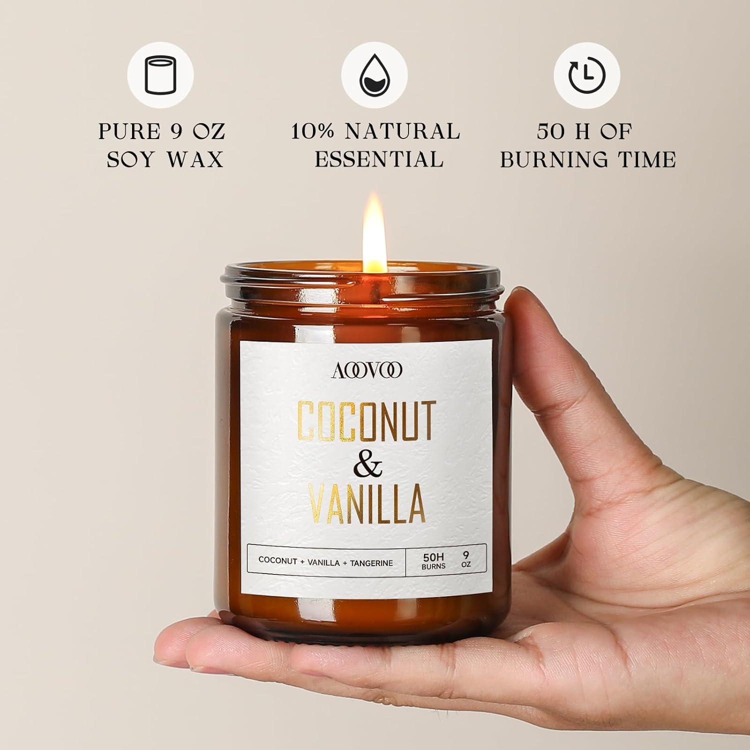 AOOVOO Coconut Vanilla Candles - 9 oz Scented Candles, Aromatherapy Candle, Soy Candle for Home Scented Coconut Vanilla 9 oz