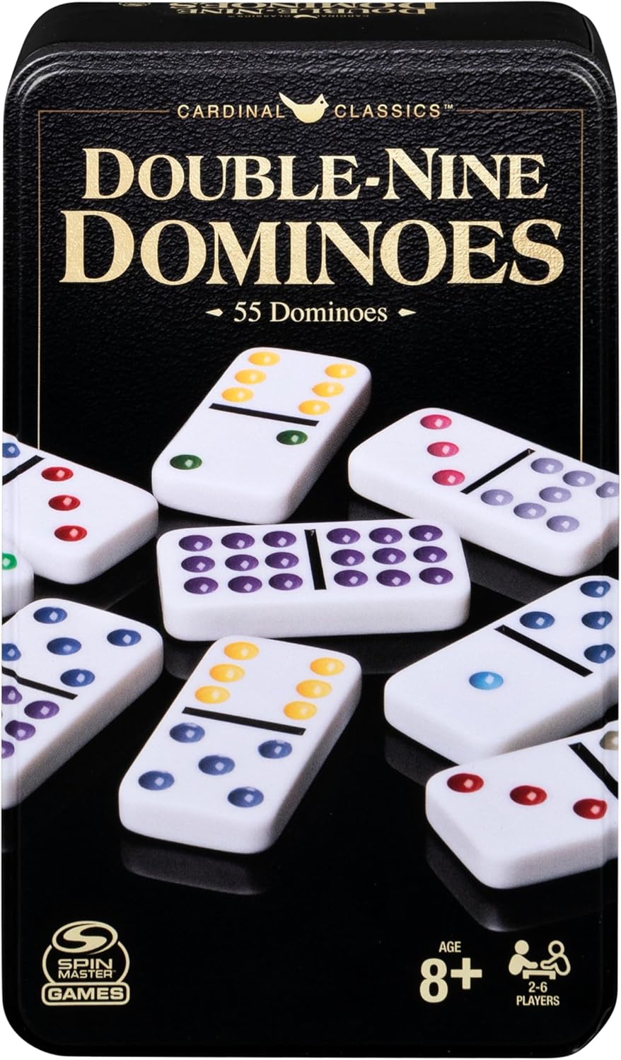 Spin Master Games, Cardinal Classics Double Nine Dominoes Set in Storage Tin, Dominoes for Kids & Adults, Classic Game, 2-6 Players, for Ages 8 & Up Double Line 9