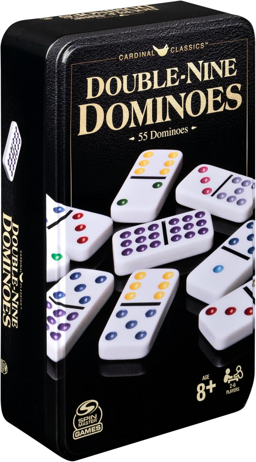 Spin Master Games, Cardinal Classics Double Nine Dominoes Set in Storage Tin, Dominoes for Kids & Adults, Classic Game, 2-6 Players, for Ages 8 & Up Double Line 9