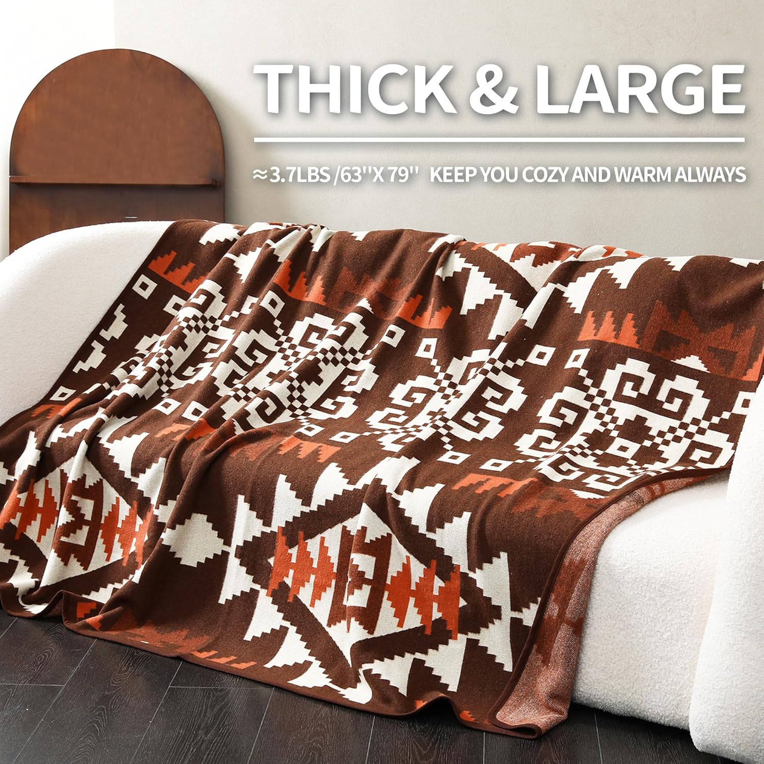 ACUSHLA Merino Wool Camp Blanket - Soft Warm Thick Washable Large Bed Couch Outdoor Camping Sleeping Travel Throw Blanket All Weather, Aztec Brown 79X63 Indian Brown 79