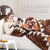 ACUSHLA Merino Wool Camp Blanket - Soft Warm Thick Washable Large Bed Couch Outdoor Camping Sleeping Travel Throw Blanket All Weather, Aztec Brown 79X63 Indian Brown 79