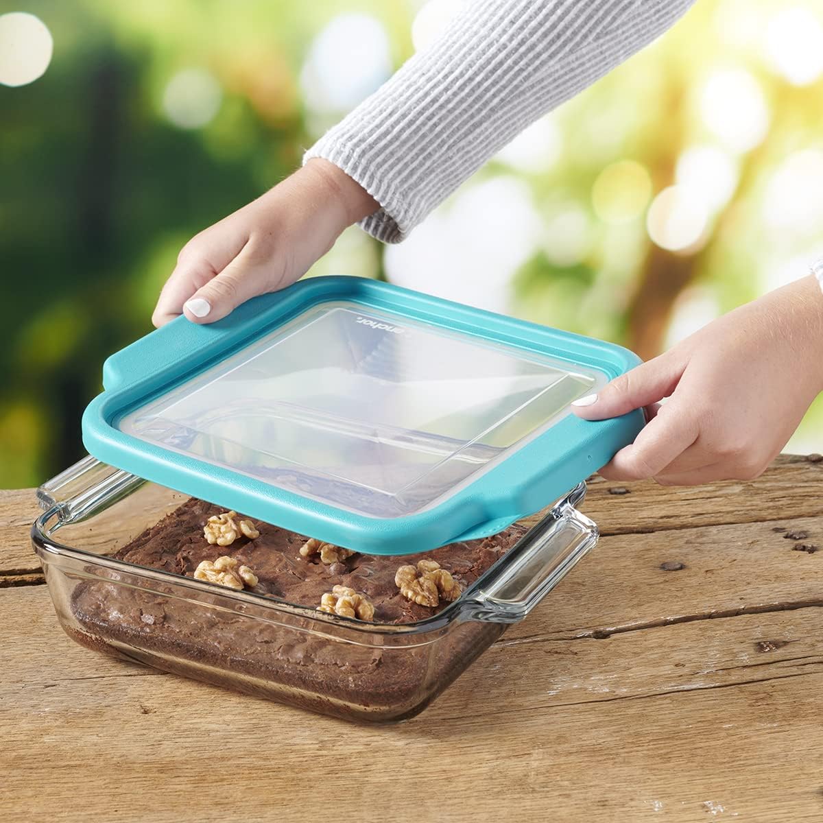 Anchor Hocking Glass Baking Dishes for Oven, 8 Inch Square Glass Cake Pan with TrueFit Teal Lid Teal 8 x 8 Cake Dish