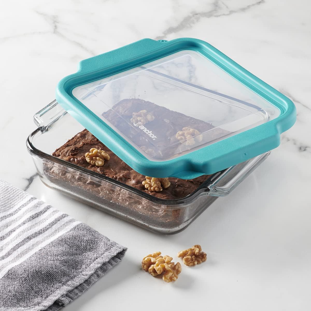 Anchor Hocking Glass Baking Dishes for Oven, 8 Inch Square Glass Cake Pan with TrueFit Teal Lid Teal 8 x 8 Cake Dish