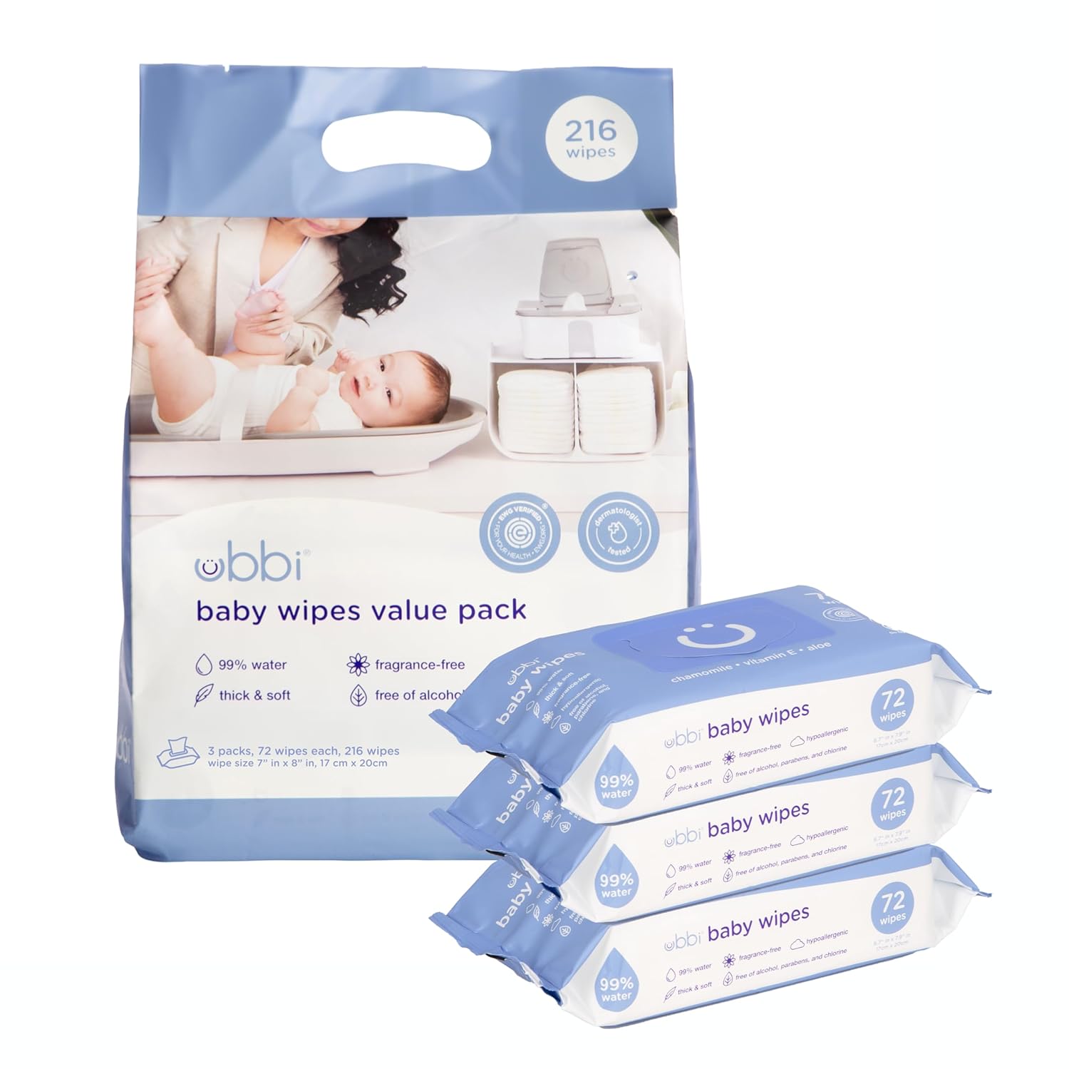 Ubbi Fragrance-Free Baby Wipes, 99% Water Based, Plant Based Wipes, Hypoallergenic for Sensitive Skin with Chamomile, Vitamin E & Aloe, EWG Verified, Value Pack, 3 Pack (216 Wipes Total) 72 Count (Pack of 3)