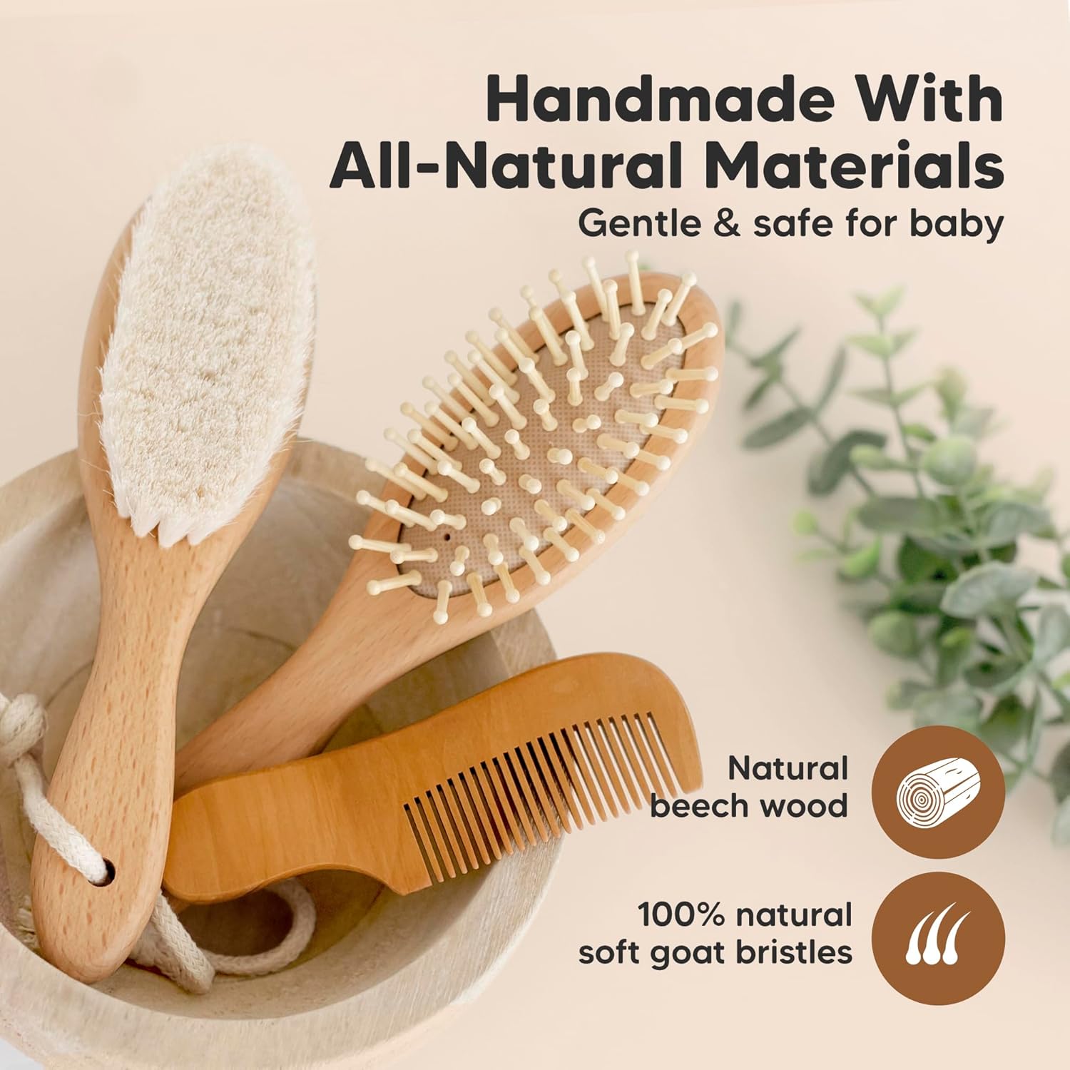 Baby Hair Brush Set for Newborns - Soft Goat Bristle Wooden Baby Brush and Comb Set Newborn Grooming Kit for Cradle Cap, Durable & Gentle, Boy, Girl Infant Essentials Care Kit Brush (Regular, Walnut) Walnut Oval, Regular