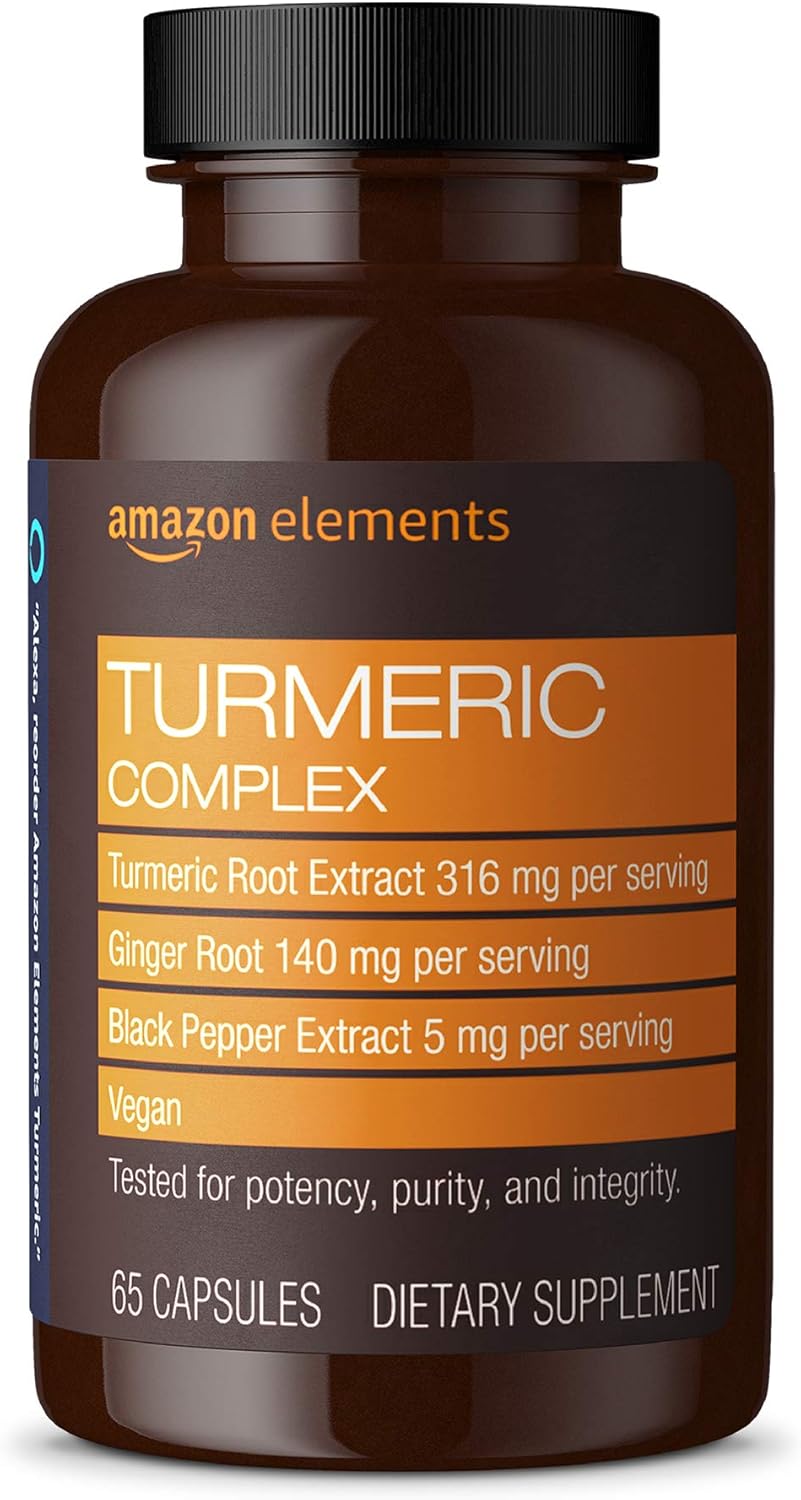 Amazon Elements Turmeric Complex, 316 mg Curcumin, 140 mg Ginger, 5 mg Black Pepper - Joint & Immune System, Healthy Inflammation Response - 65 Capsules (2 month supply) 65 Count (Pack of 1)