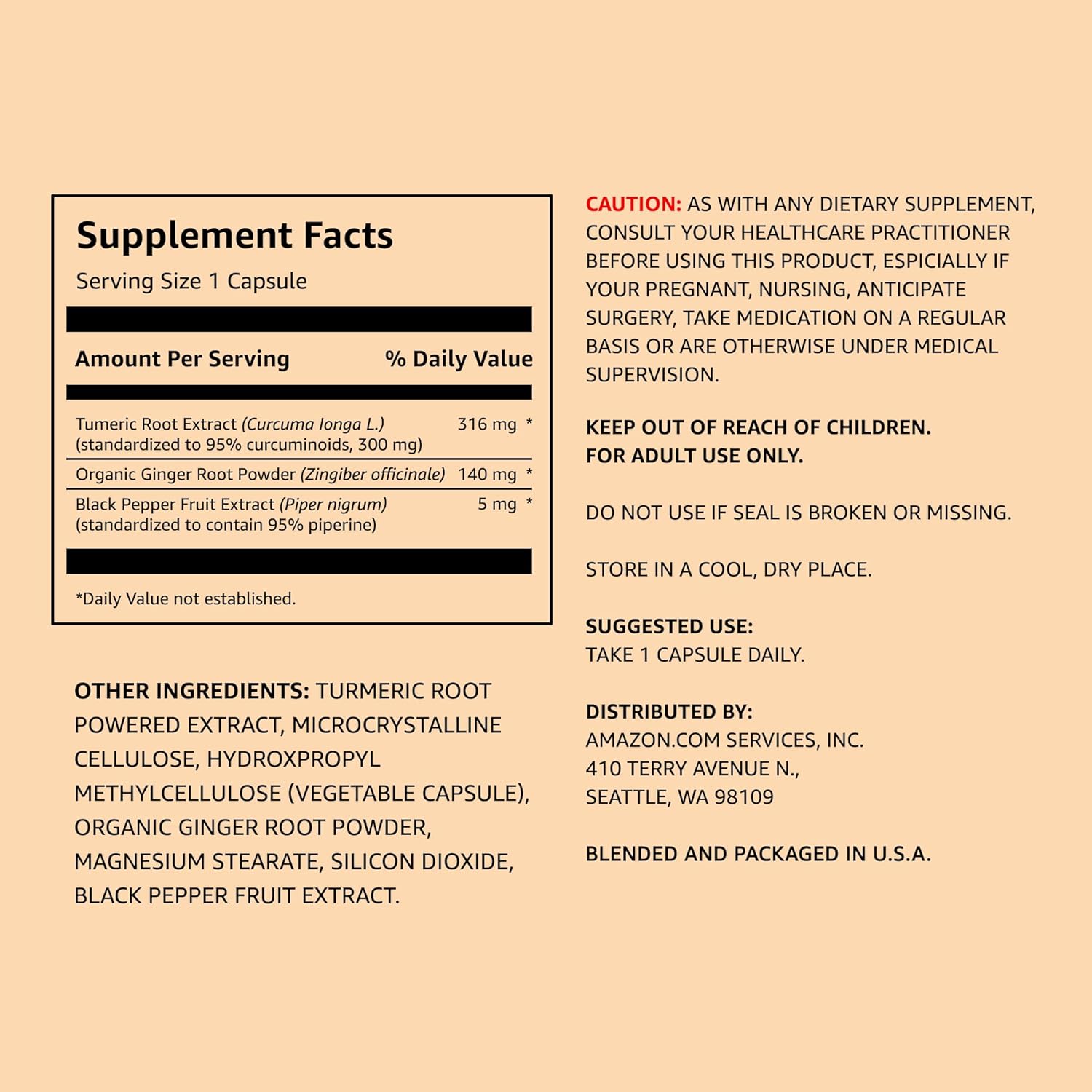 Amazon Elements Turmeric Complex, 316 mg Curcumin, 140 mg Ginger, 5 mg Black Pepper - Joint & Immune System, Healthy Inflammation Response - 65 Capsules (2 month supply) 65 Count (Pack of 1)