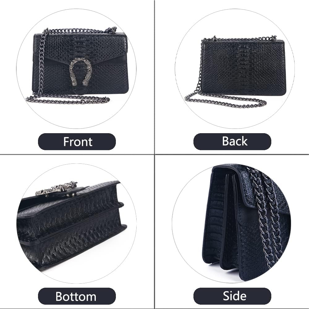 Leather Shoulder Bag Chain Purse for Women - Fashion Crossbody Bags Vintage Snake Print Underarm Bag Square Satchel Handbag A-black