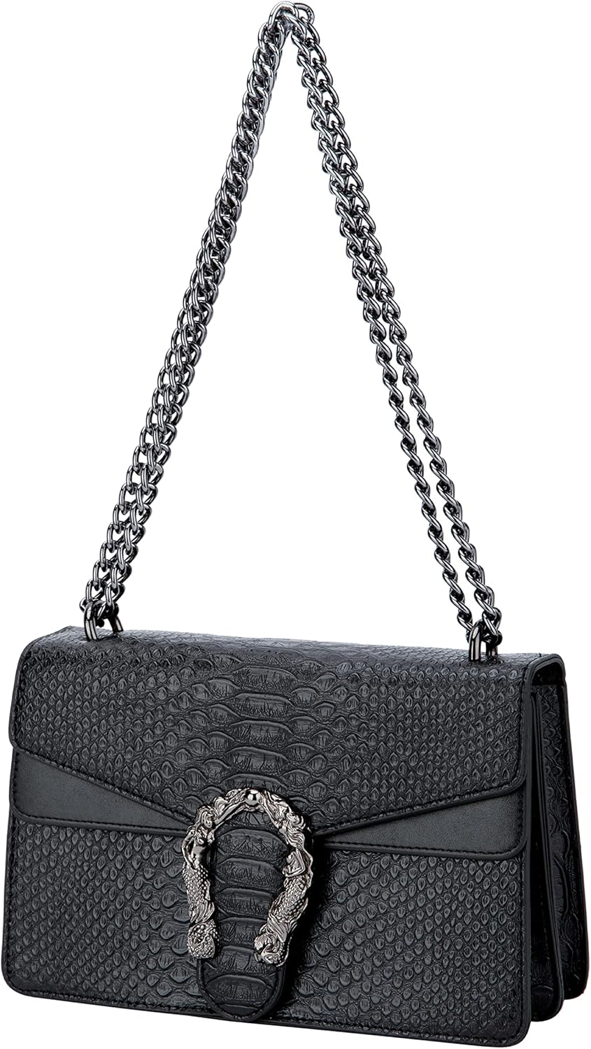 Leather Shoulder Bag Chain Purse for Women - Fashion Crossbody Bags Vintage Snake Print Underarm Bag Square Satchel Handbag A-black